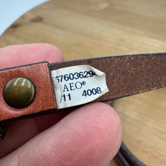 American Eagle Brown Leather Belt With Brass Stud Details & Buckle - Picture 2 of 10